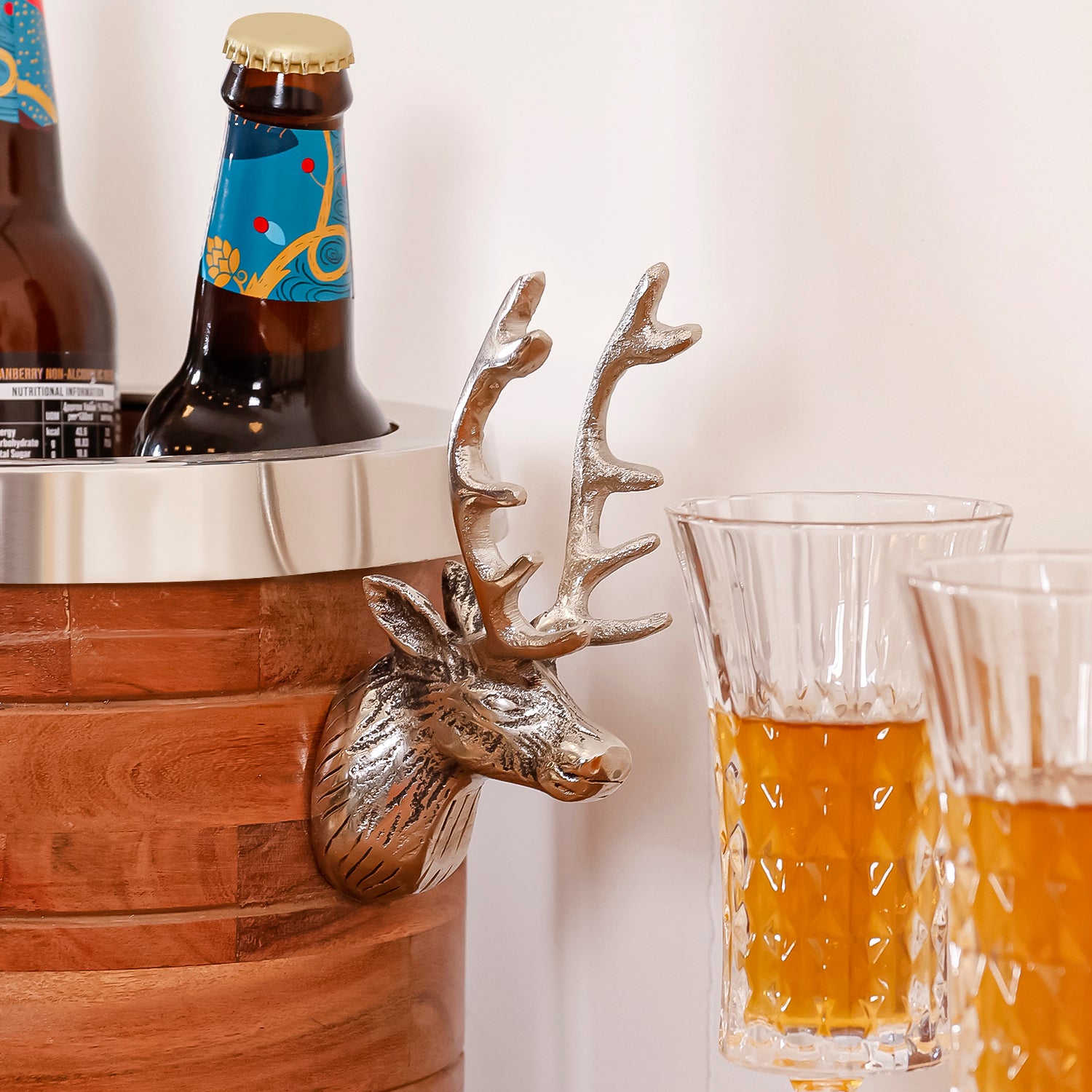 Deer Handle Wooden Ice Bucket Wine Chiller for Bar Table, Dining Table & Home Bar Decor