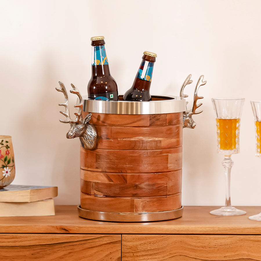 Deer Handle Wooden Ice Bucket Wine Chiller for Bar Table, Dining Table & Home Bar Decor