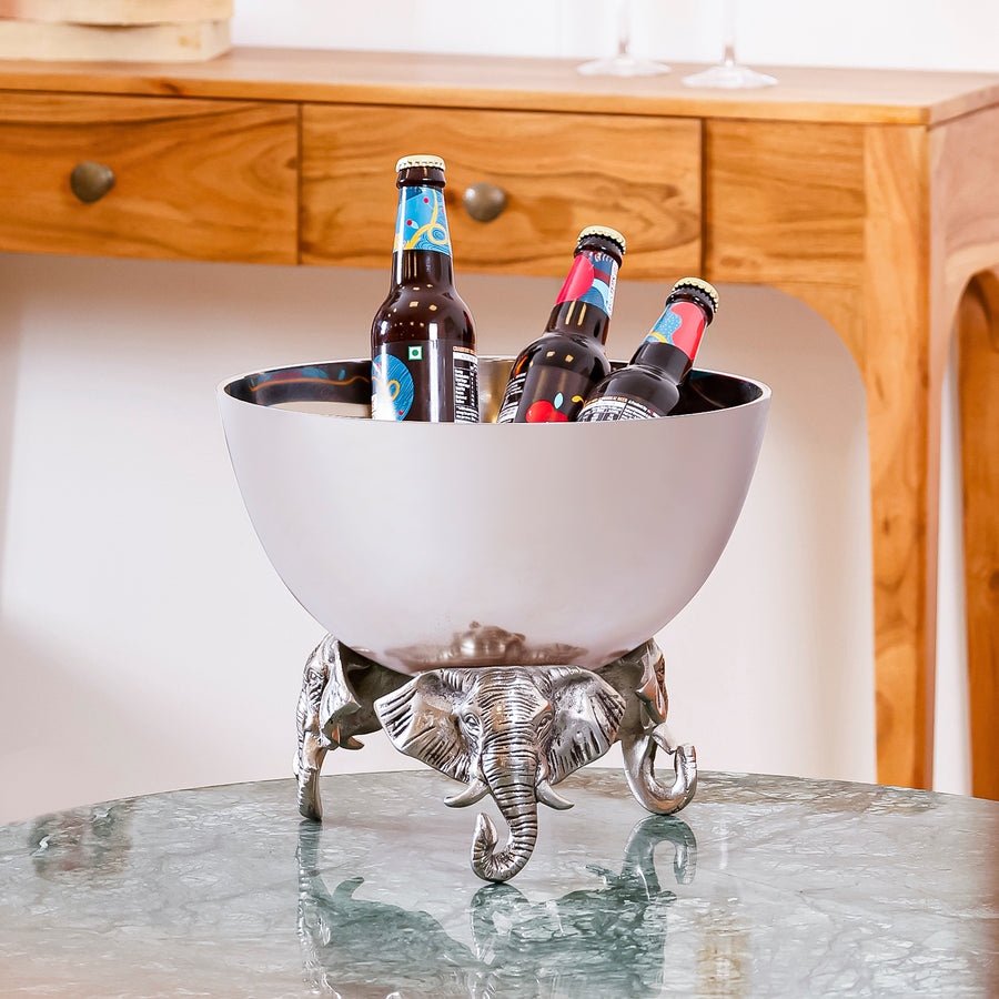 Triple Elephant Head Wine Chiller & Ice Bucket | Decorative Silver Bar Decor Bottle Cooler