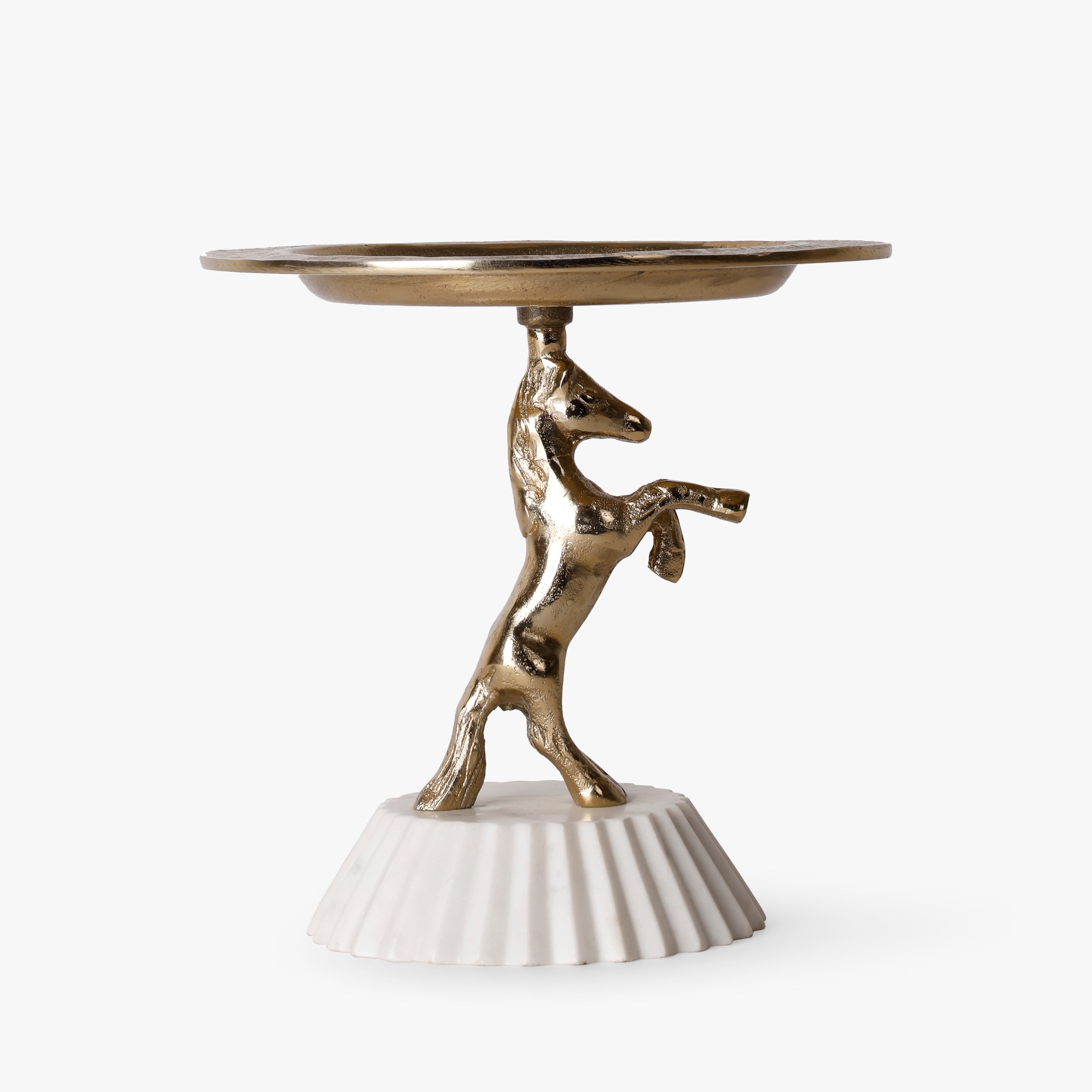 Golden Horse Decorative Cake Stand with White Fluted Marble Base