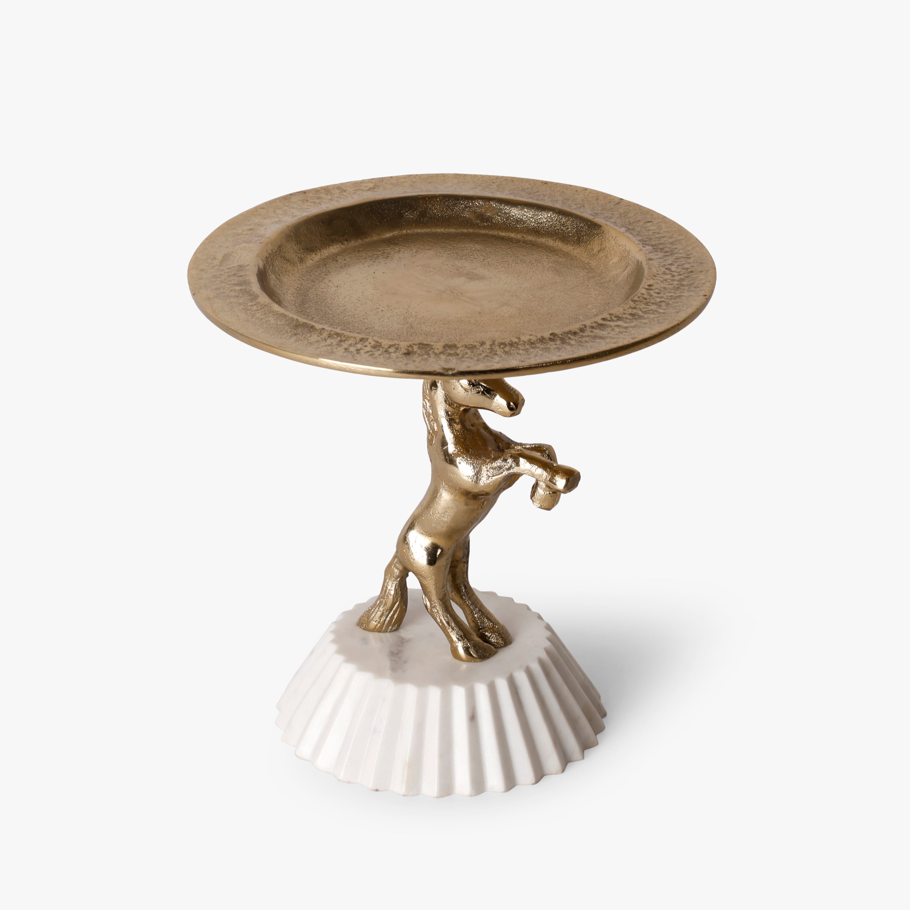 Golden Horse Decorative Cake Stand with White Fluted Marble Base
