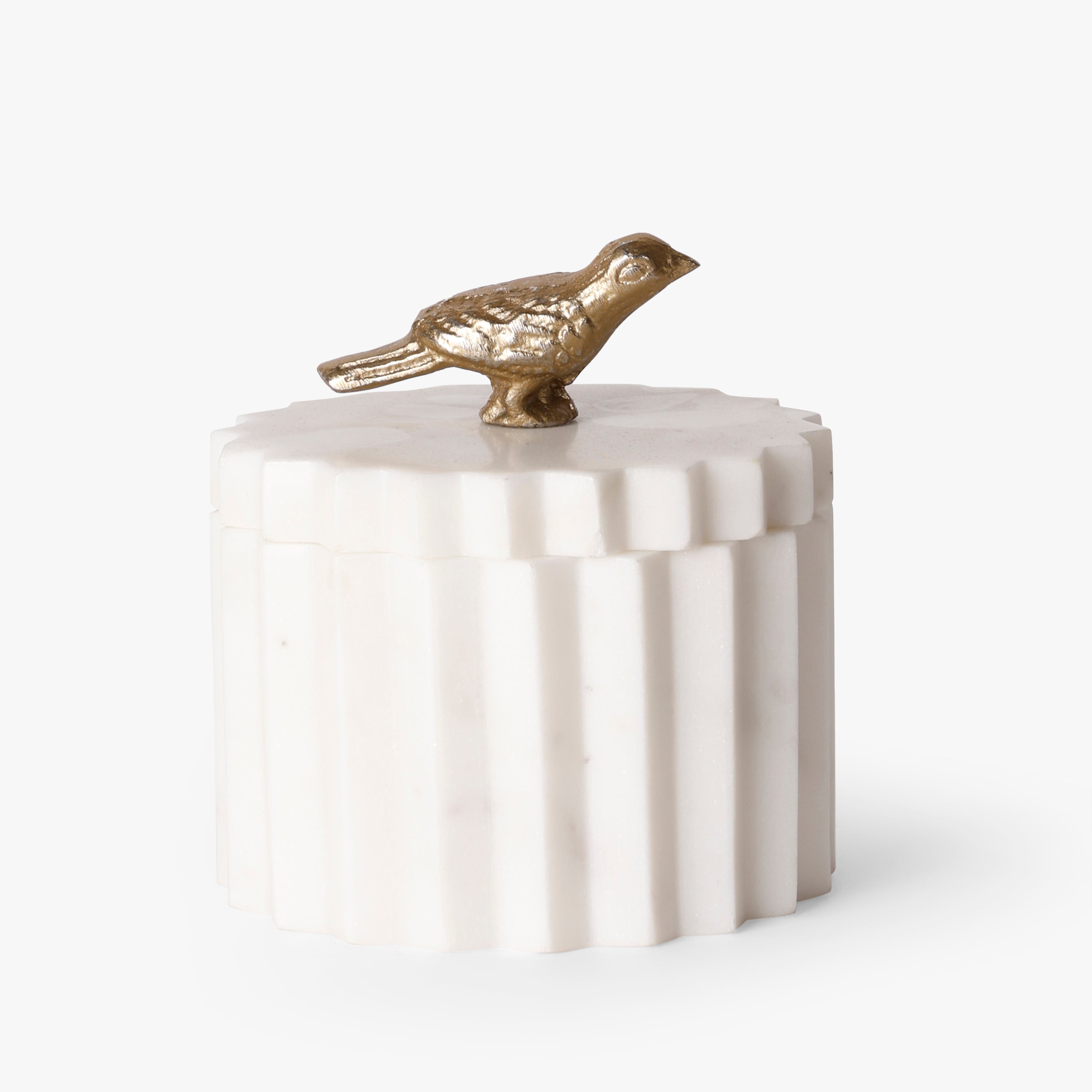 Fluted White Marble Decorative Storage Box with Antique Gold Bird Accent Lid Pack of 2