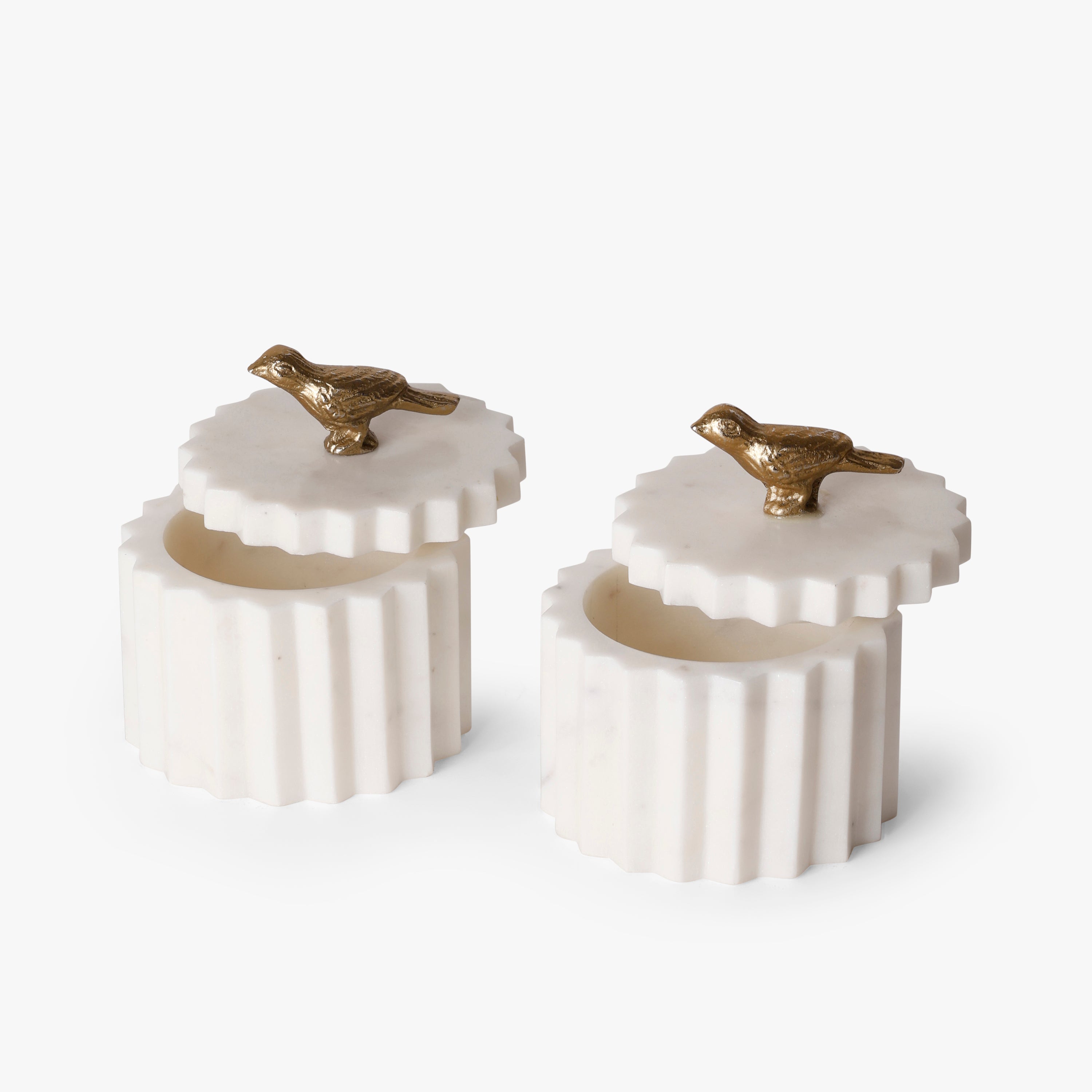 Fluted White Marble Decorative Storage Box with Antique Gold Bird Accent Lid Pack of 2