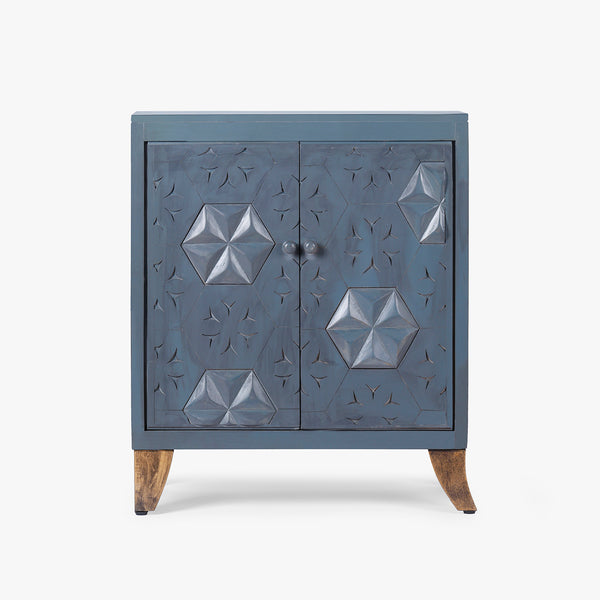 Handcrafted Blue Wooden Storage Cabinet with Carved Doors