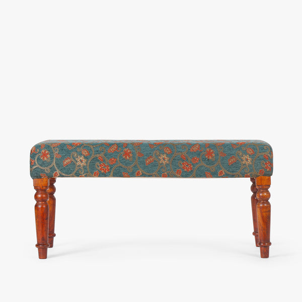 Handcrafted Wooden Upholstered Bench with Floral Print Fabric