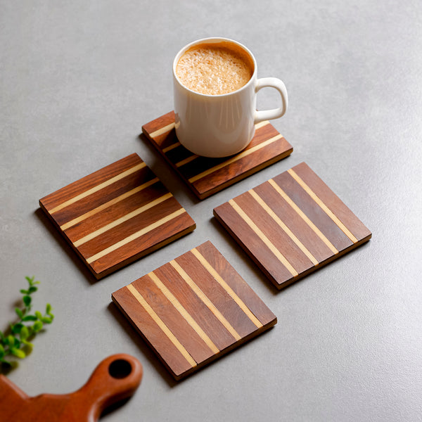 Set of 4 Striped Wooden Square Coasters for Coffee Table & Office Desk