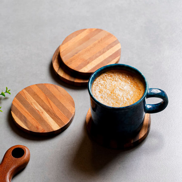 Set of 4 Round Striped Wooden Coasters for Coffee Table & Desk