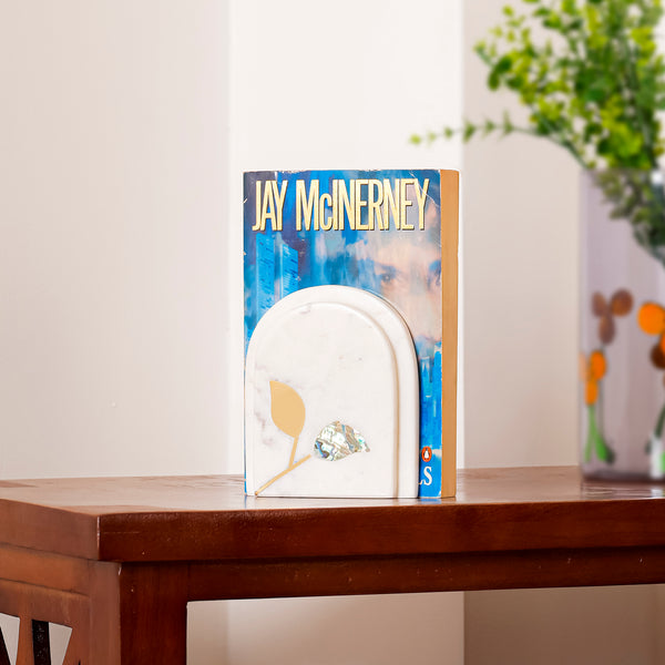 Premium White Marble Bookend with Gold Leaf & Abalone Inlay