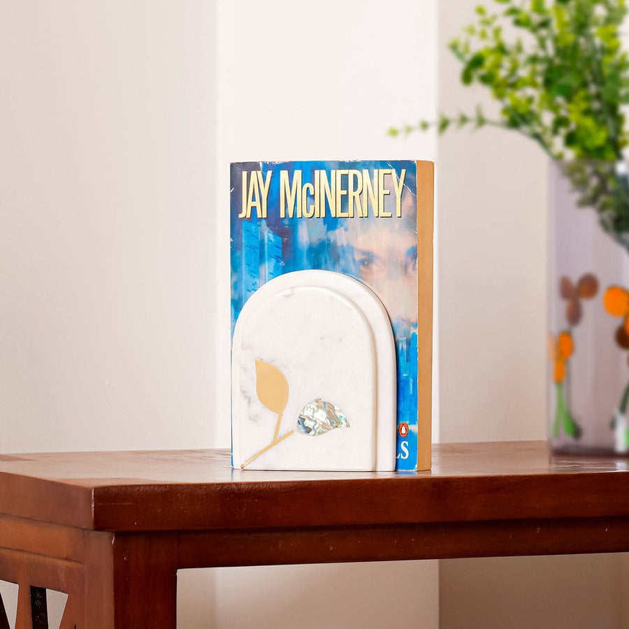 White Marble Bookends (Set of 2) with Brass & Abalone Inlay