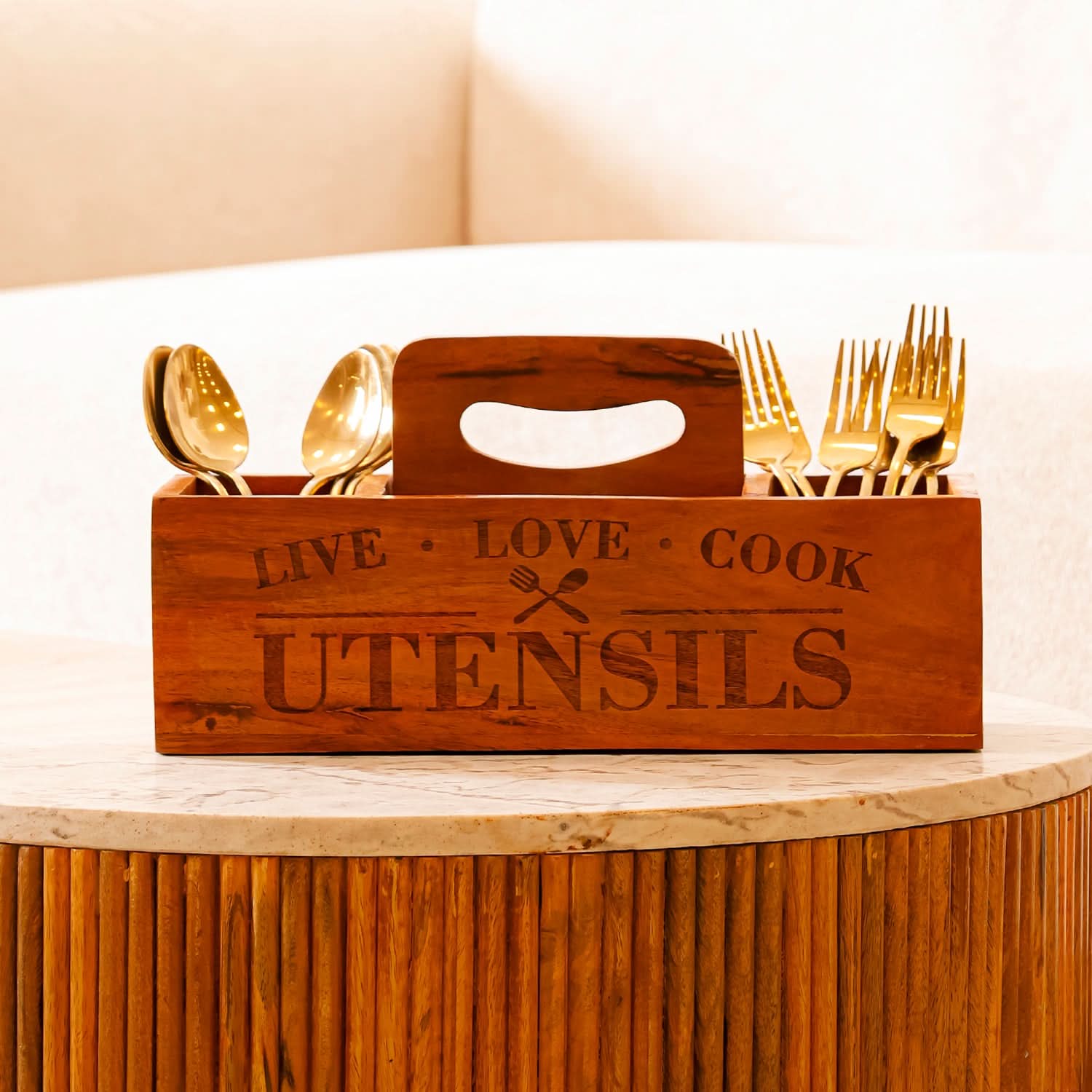 Wooden Utensil Holder Caddy with Handle – Cutlery & Table Organizer