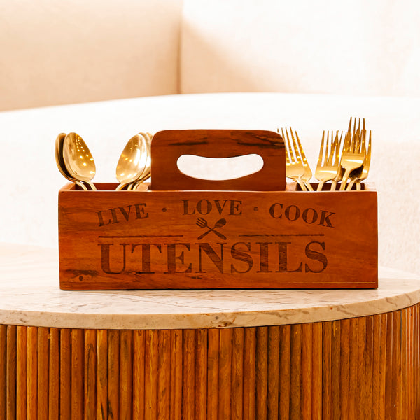 Wooden Utensil Holder Caddy with Handle – Cutlery & Table Organizer