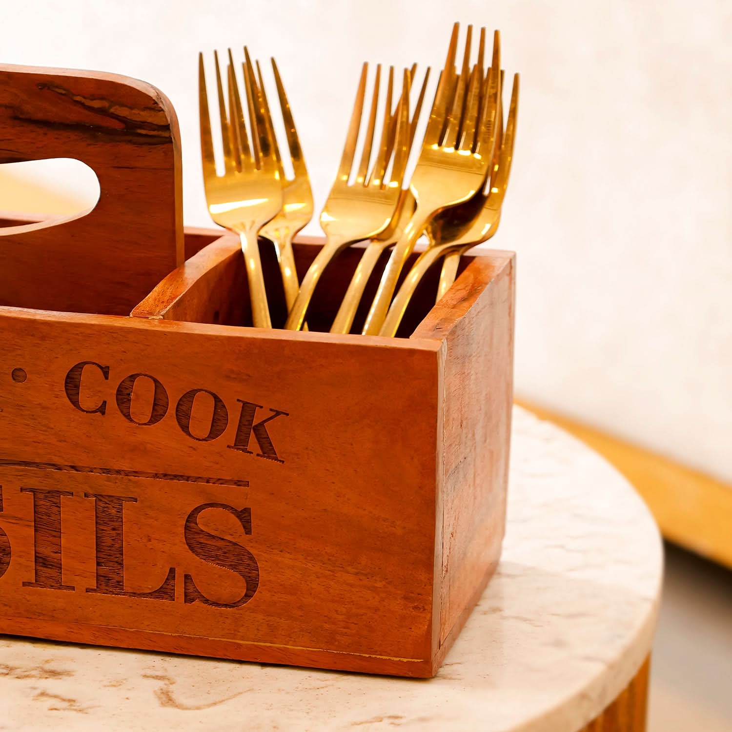 Wooden Utensil Holder Caddy with Handle – Cutlery & Table Organizer