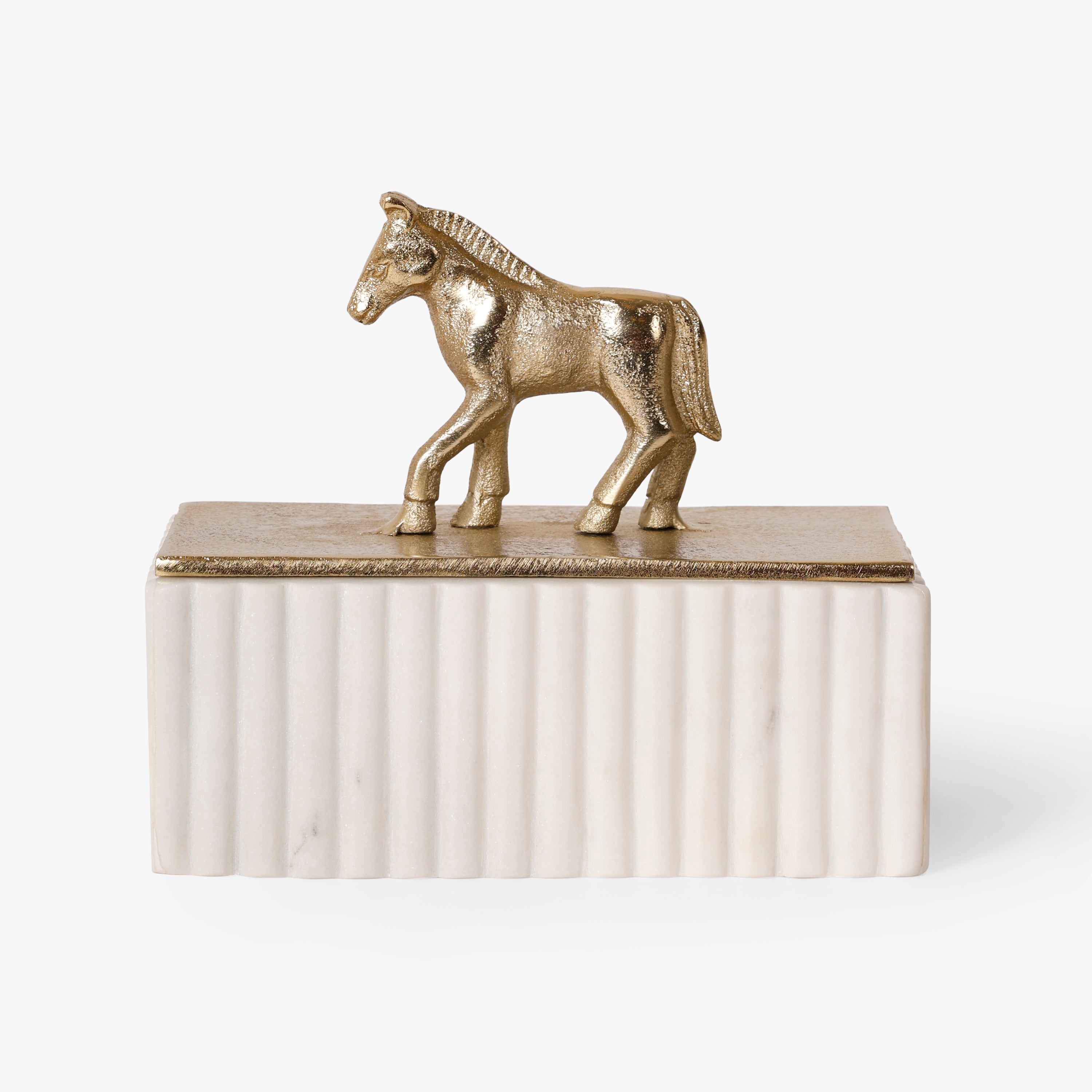 Golden Horse Decorative Box with White Fluted Base
