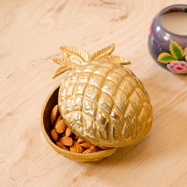 Pineapple Metal Dry Fruit Box – Gold Decorative Bowl with Lid