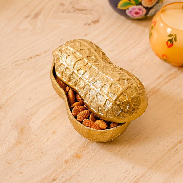 Metal Peanut Dry Fruit Box – Gold Lidded Decorative Bowl