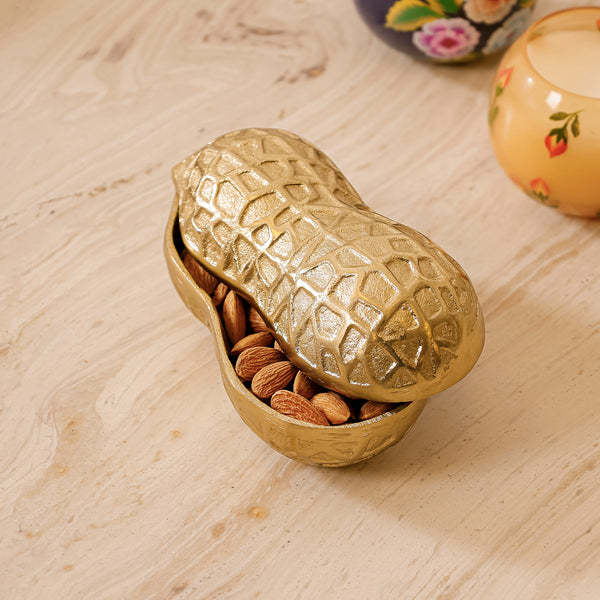 Metal Peanut Dry Fruit Box – Gold Lidded Decorative Bowl