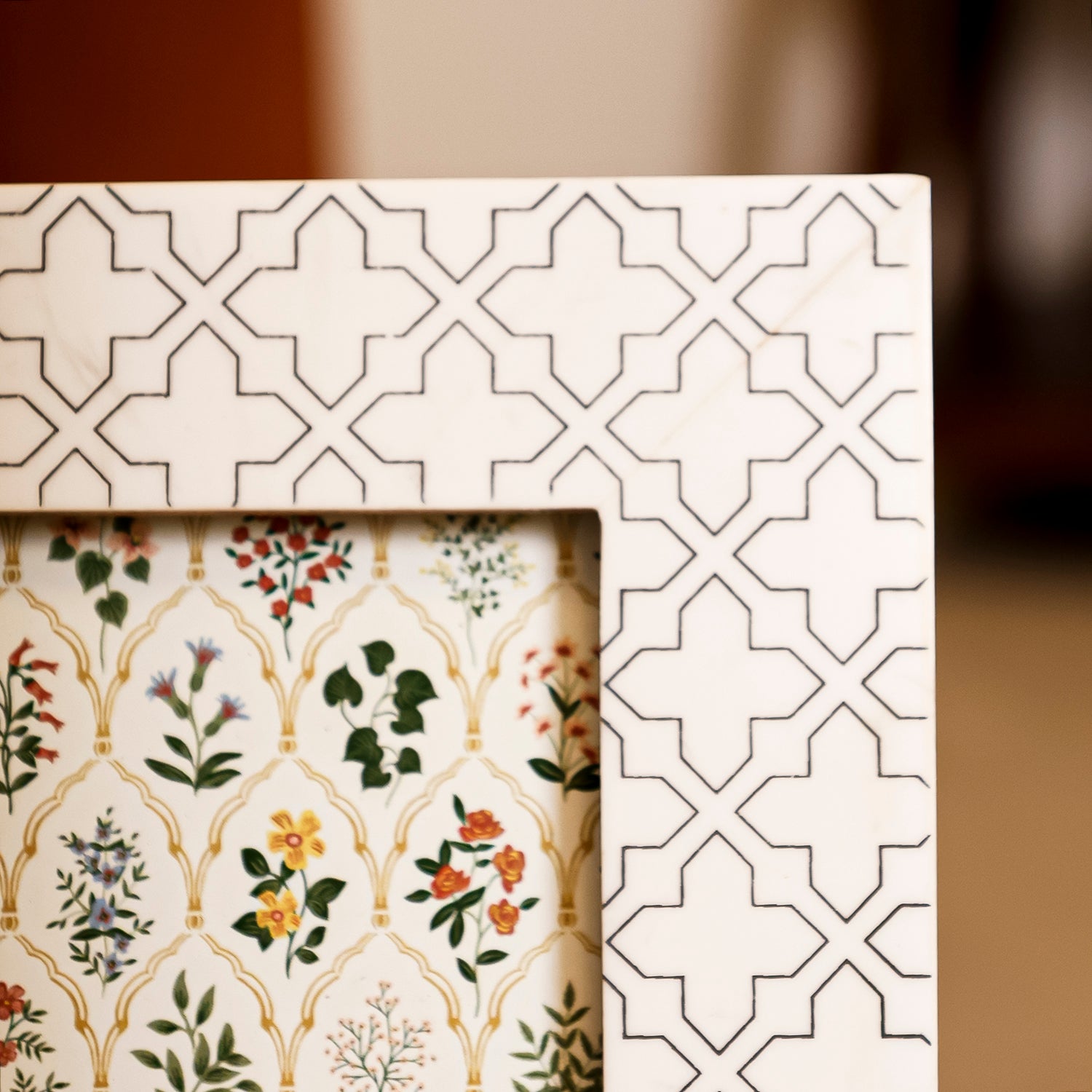 White Geometric Inlay Wooden Photo Frame 4x6 Inch