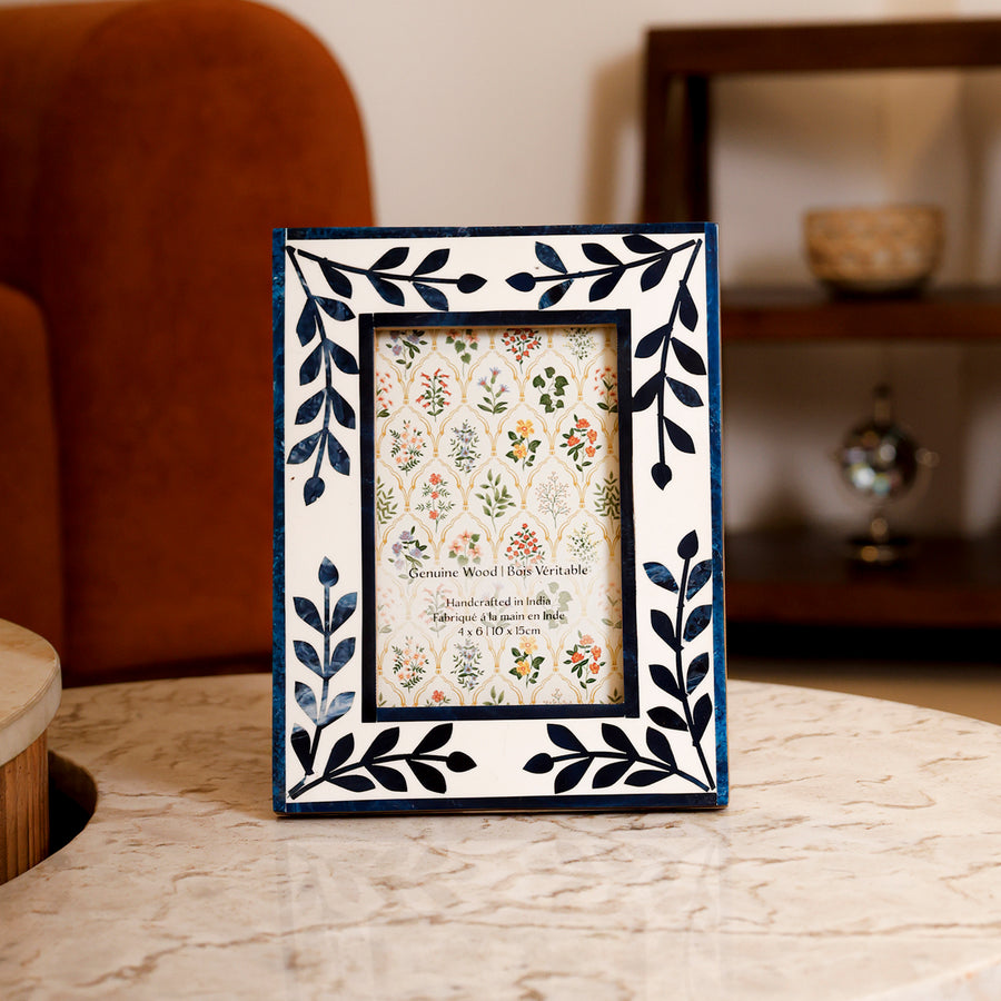 Blue Floral Photo Frame for Table Decor, Shelf Styling and Memory Display 4x6 Inch