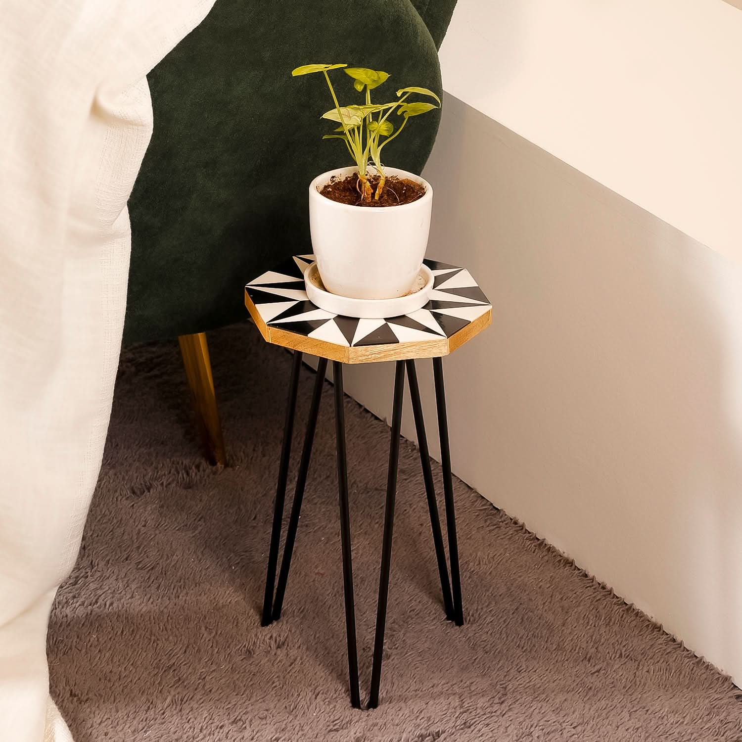 Black & White Wooden Plant Stand with Metal Legs
