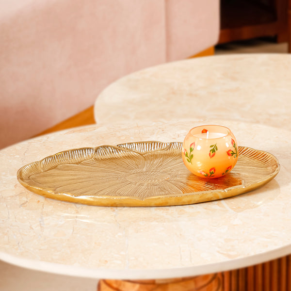 Stylish Floral Oval Gold Tray for Home Decoration & Gifting