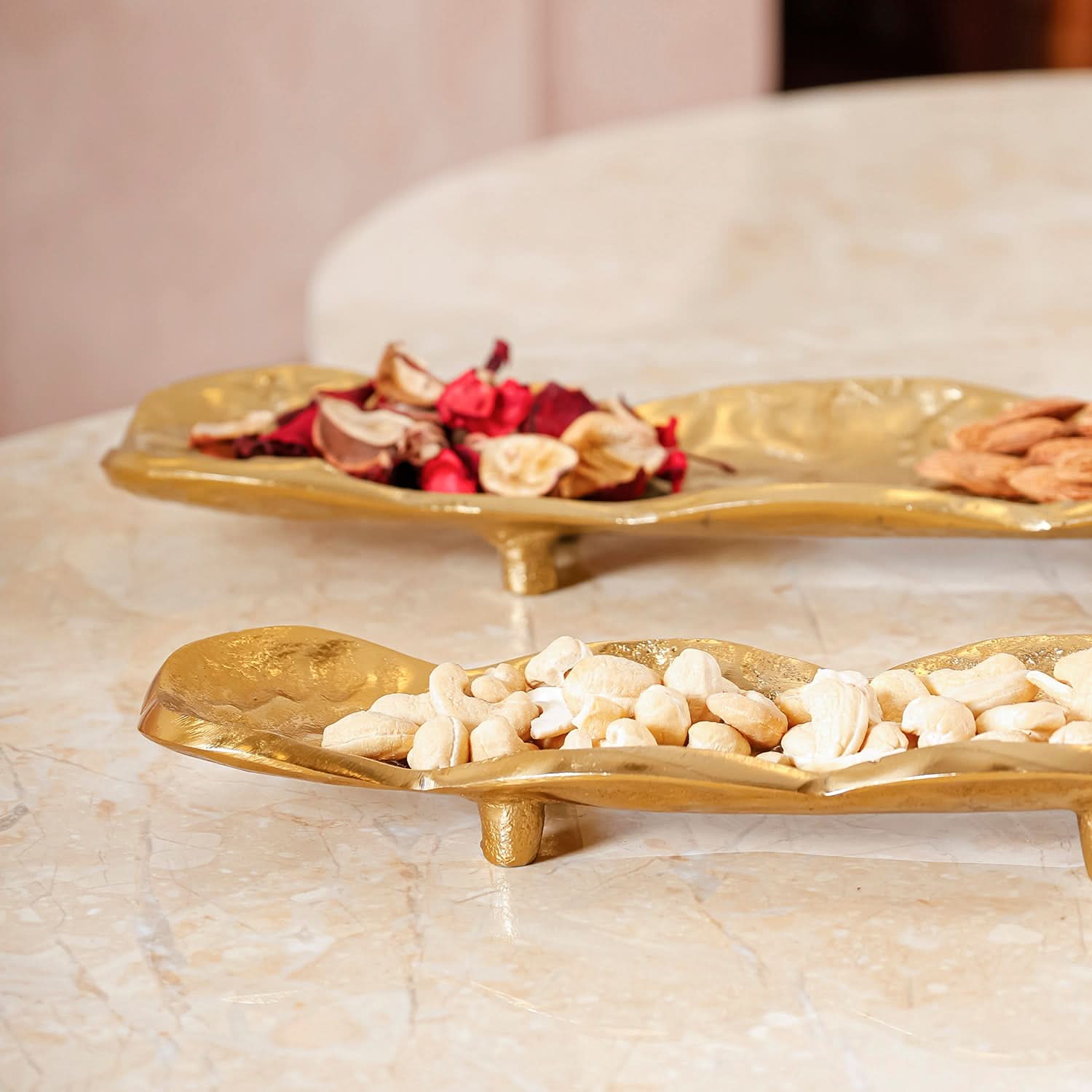 Set of 2 Abstract Gold Textured Platter for Modern Home Décor