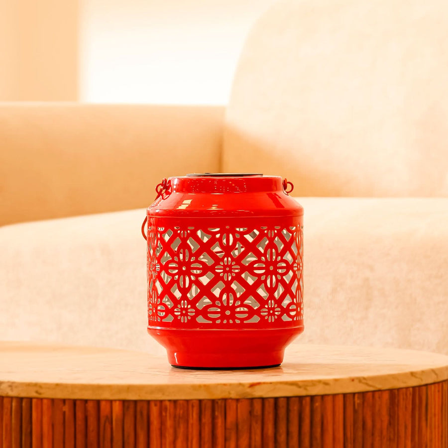 Solar Metal Lantern – LED Decorative Light for Balcony, Garden & Home- Red