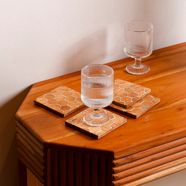 Honeycomb Wood Inlay Coasters – Set of 4