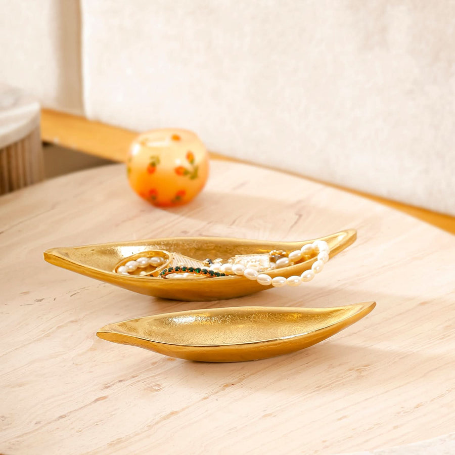 Gold Metal Leaf Shaped Decorative Platters for Home Set of 2