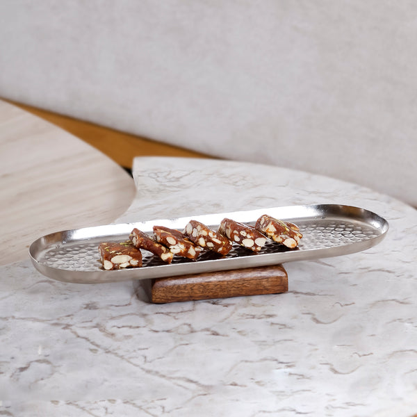 Hammered  Metal Platter with Wooden Base – Elevated Serving Tray for Dining & Coffee Table