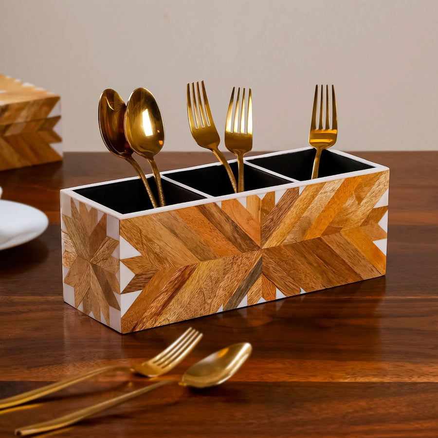 Cutlery Holder Caddy with Geometric Inlay | 3-Partition Table Organizer