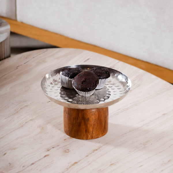 Hammered Metal Pedestal Platter with Wooden Base – Elevated Serving & Centerpiece Tray
