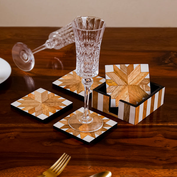 Wooden Pattern Coaster Set with Caddy