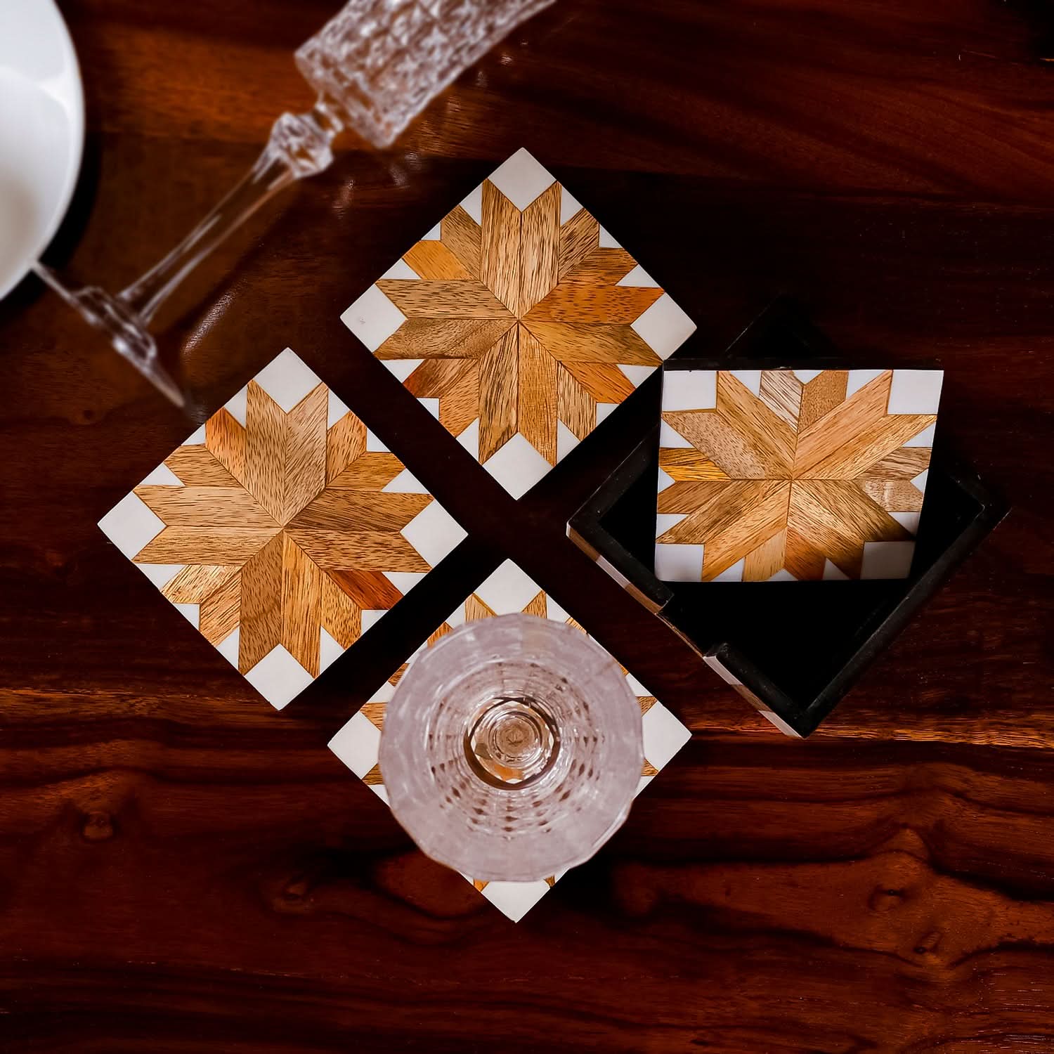 Wooden Pattern Coaster Set with Caddy