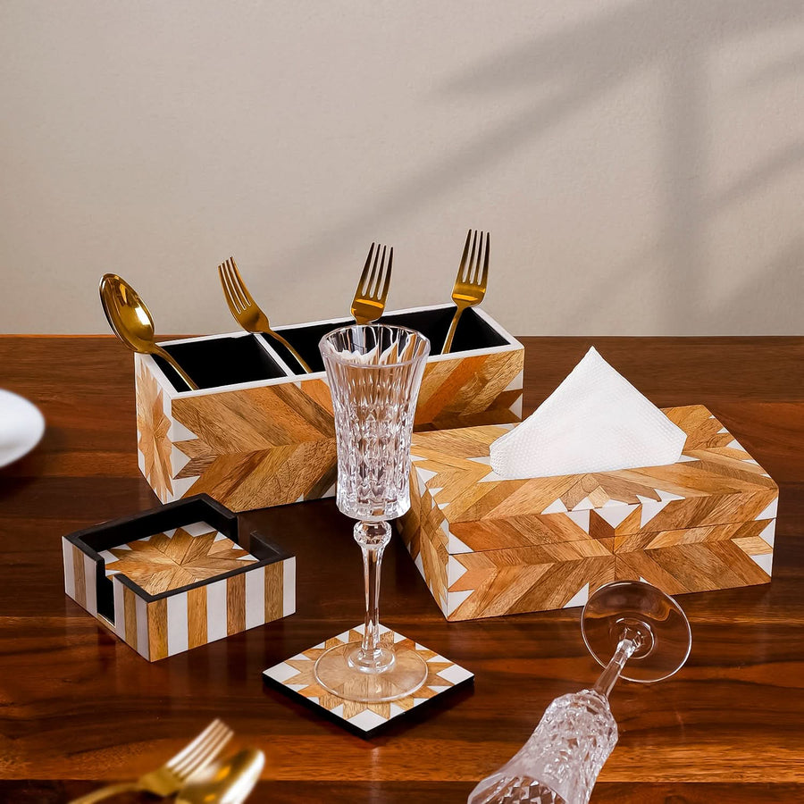 Set of 3- Geometric Dining Table Set | Cutlery Holder, Coaster Caddy & Tissue Box