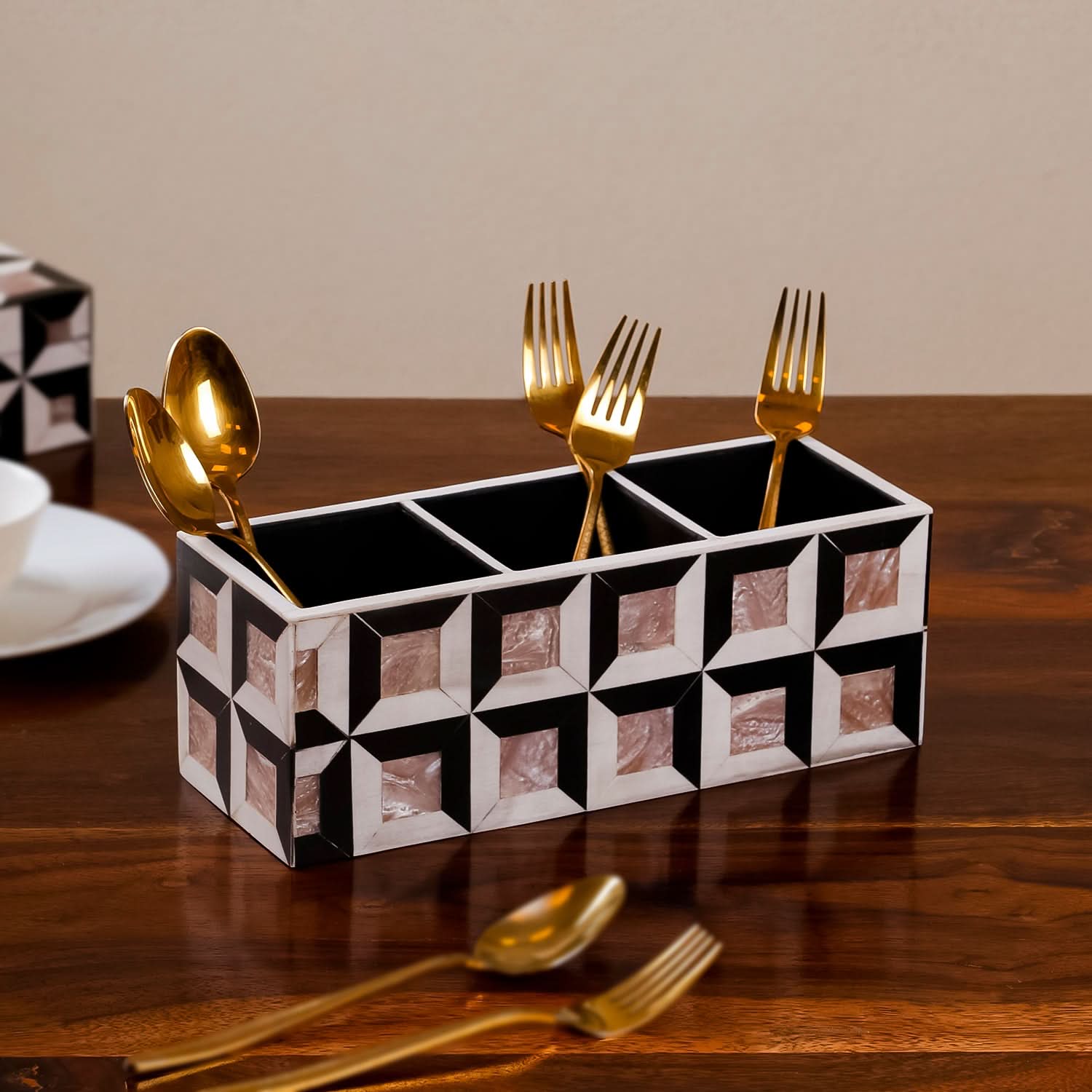 Geometric Wooden Cutlery Caddy- Kitchen & Dining Table Organizer