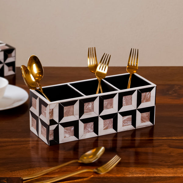 Black & White Inlay Cutlery Holder – 3-Compartment Wooden Caddy