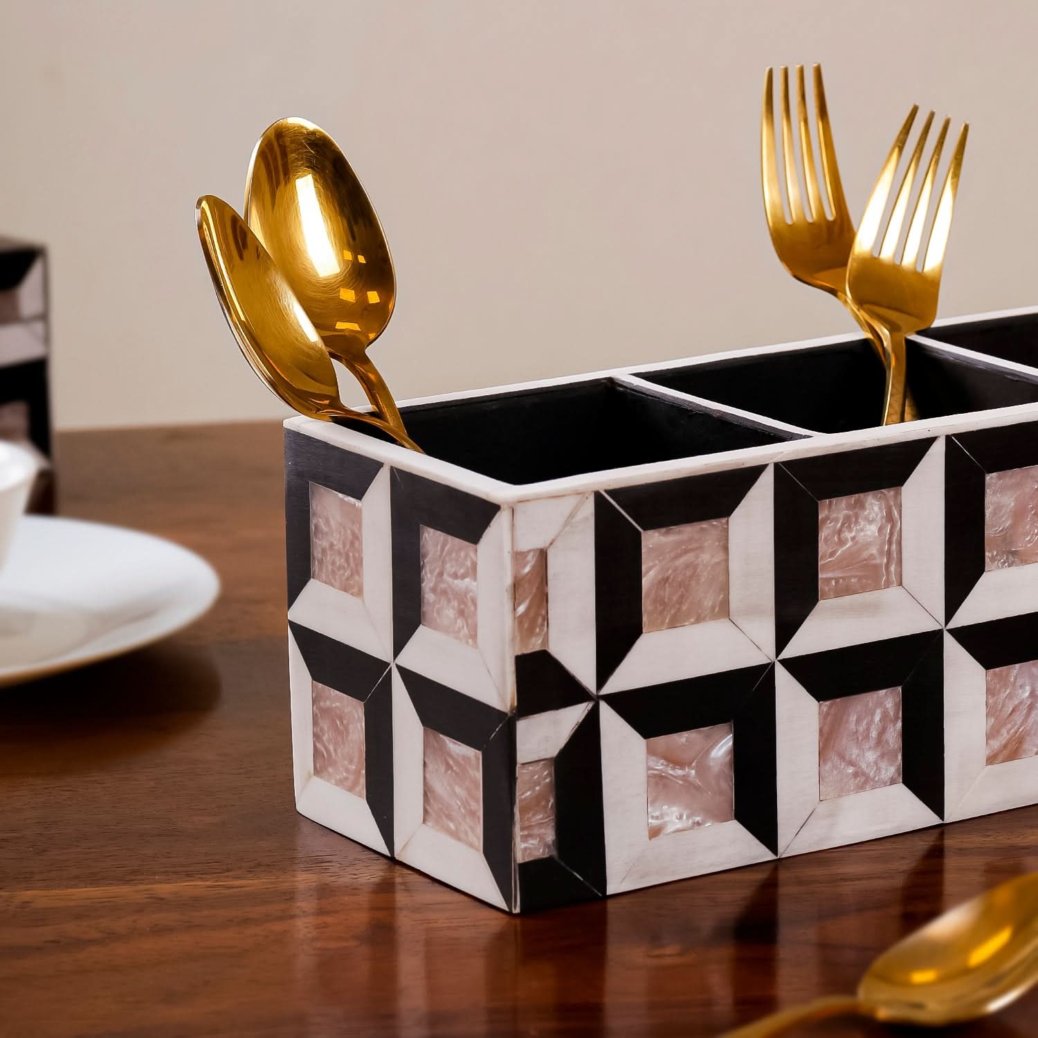 Geometric Wooden Cutlery Caddy- Kitchen & Dining Table Organizer