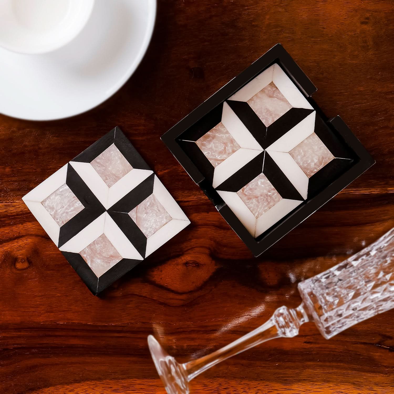 Geometric Black & White Coaster Set with Caddy