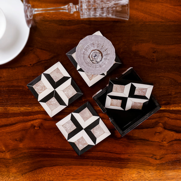 Geometric Black & White Coaster Set with Caddy