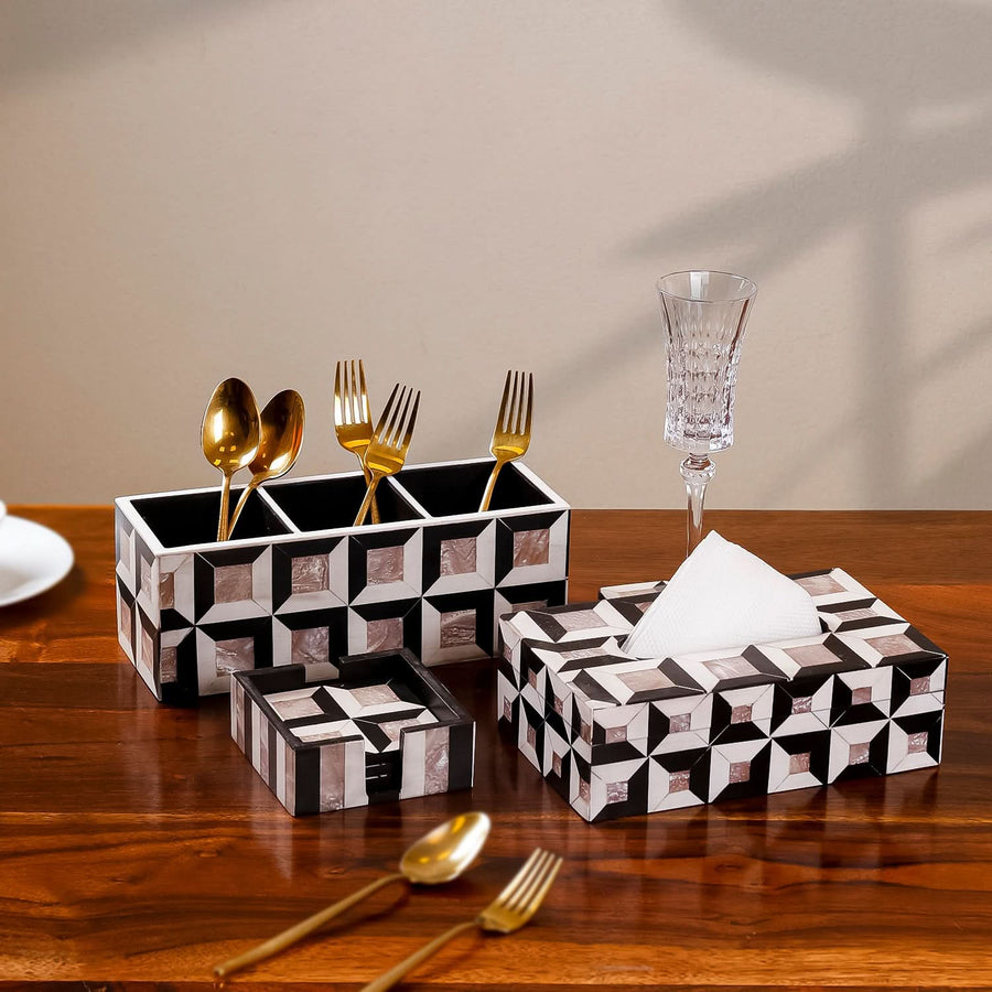 Set of 3- Monochrome Cube Dining Table Set | Cutlery Holder, Coaster Caddy & Tissue Box