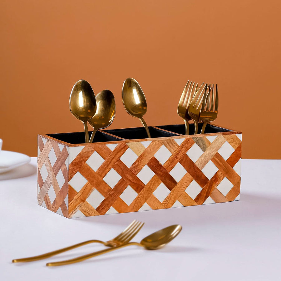 Cutlery Holder with Criss-Cross Inlay | 3-Partition Kitchen Table Caddy