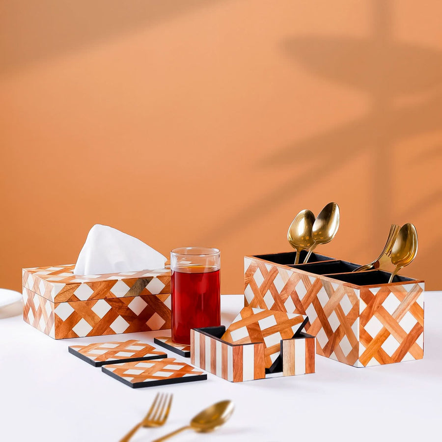 Table Organizer Set with Caddy, Tissue Box & Coasters Brown and White Set of 3