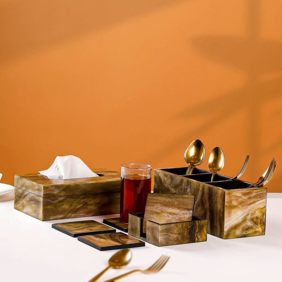 Table Organizer Set with Caddy, Tissue Box & Coasters olive green Set of 3