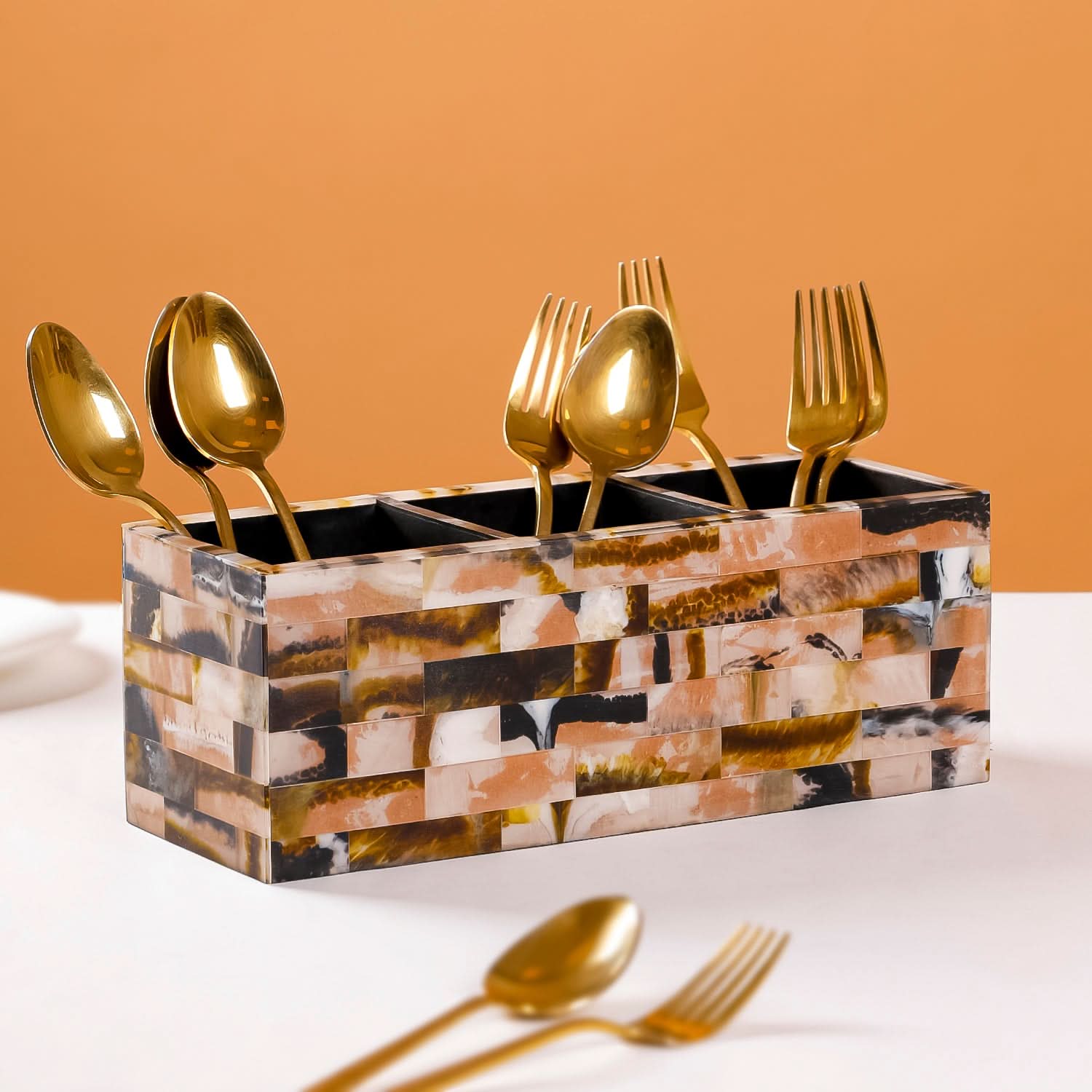 Mosaic Wooden Cutlery Caddy- Kitchen & Dining Table Organizer