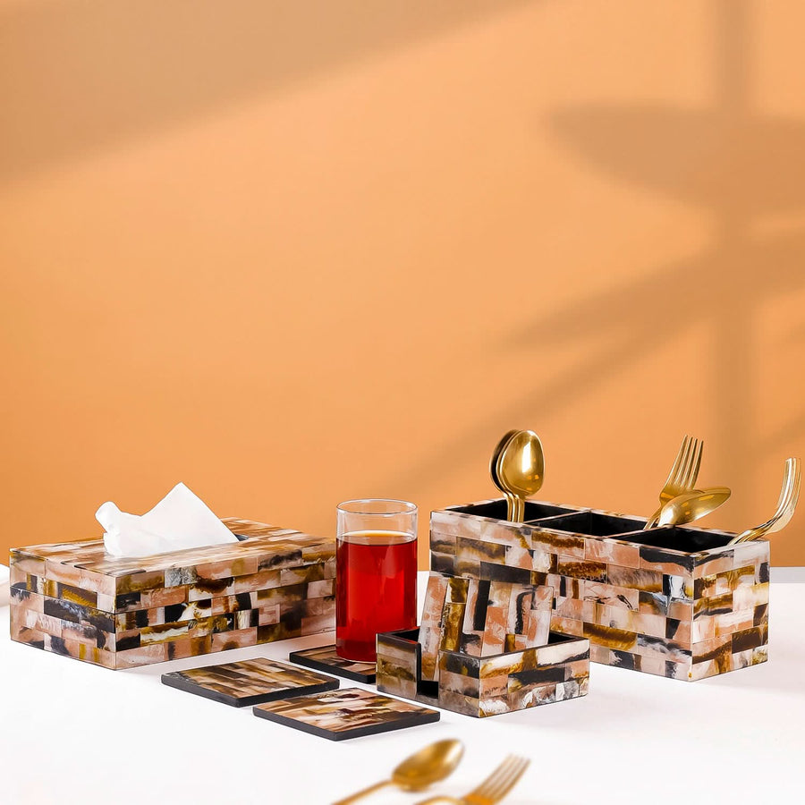 Set of 3- Mosaic Dining Table Set | Cutlery Holder, Coaster Caddy & Tissue Box