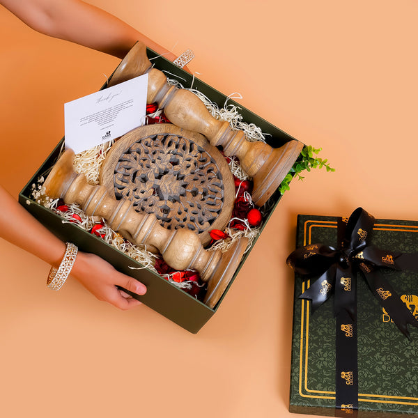 Set of 2 Wooden Candle Holders & Trivet Gift Set