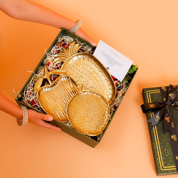 Set of 3 Fruit-Shaped Gold Aluminium Platters – Apple, Orange & Pineapple Gift Box Set