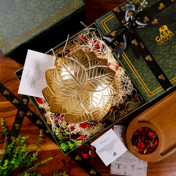Golden Leaf Decorative Bowl Gift Box – Premium Home Decor Gift Set