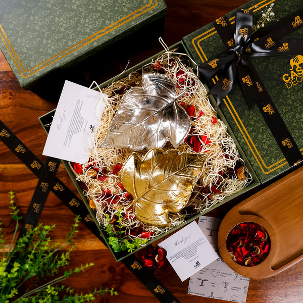 Gold & Nickel Aluminium Leaf Platter Gift Set – Elegant Home Decor & Gifting Set