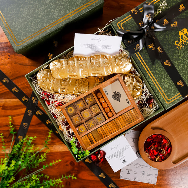 Luxury Aluminium Gold Platters & Wooden Game Set – Home Decor & Gift Box Set